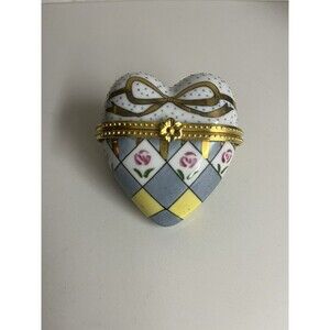 Heart Shaped Trinket Box Hinged Porcelain Hand Painted Gold Bow Flowers